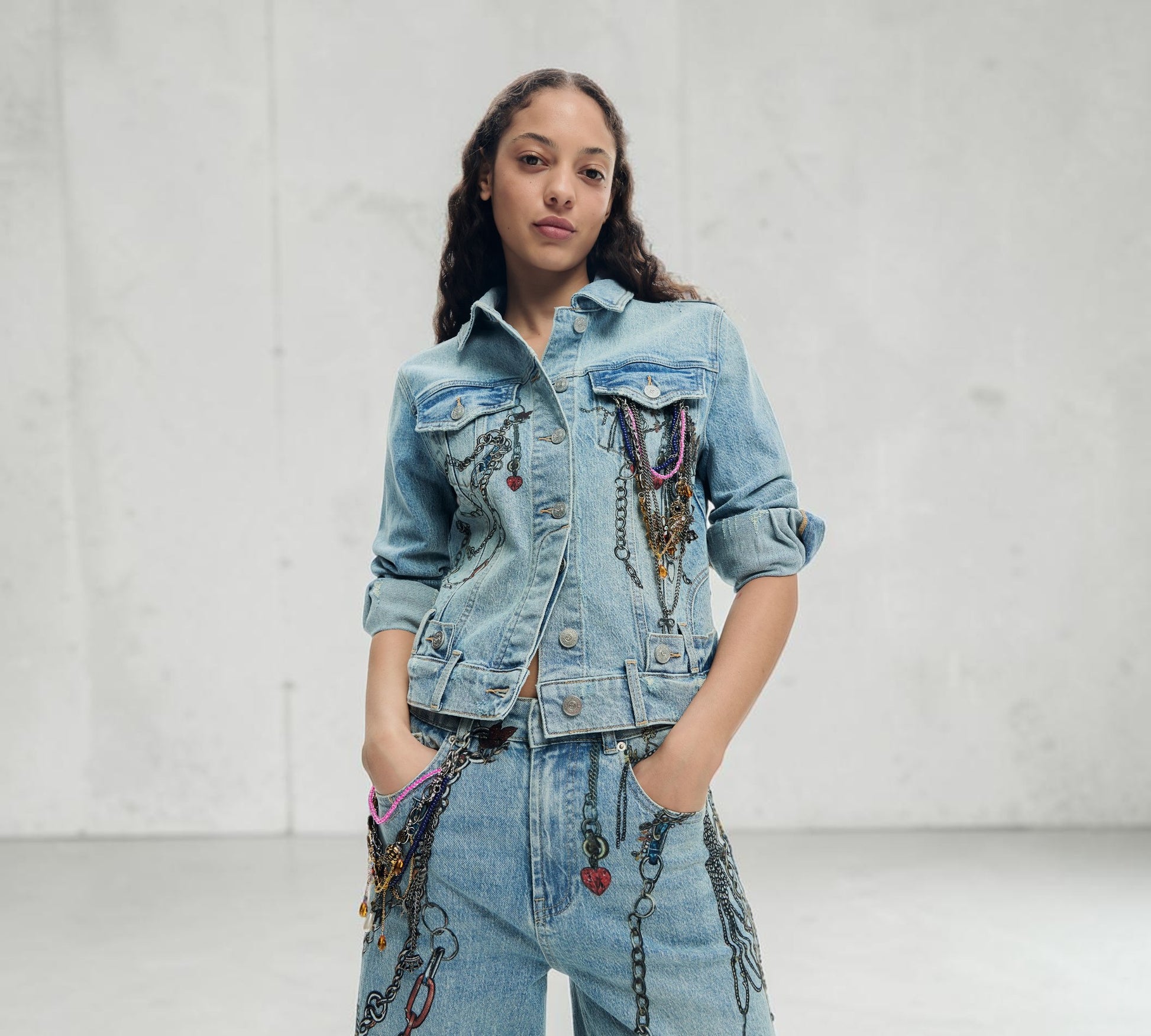 Embellished Denim Jacket with Layered Chain Detail - Above the Crowd Boutique
