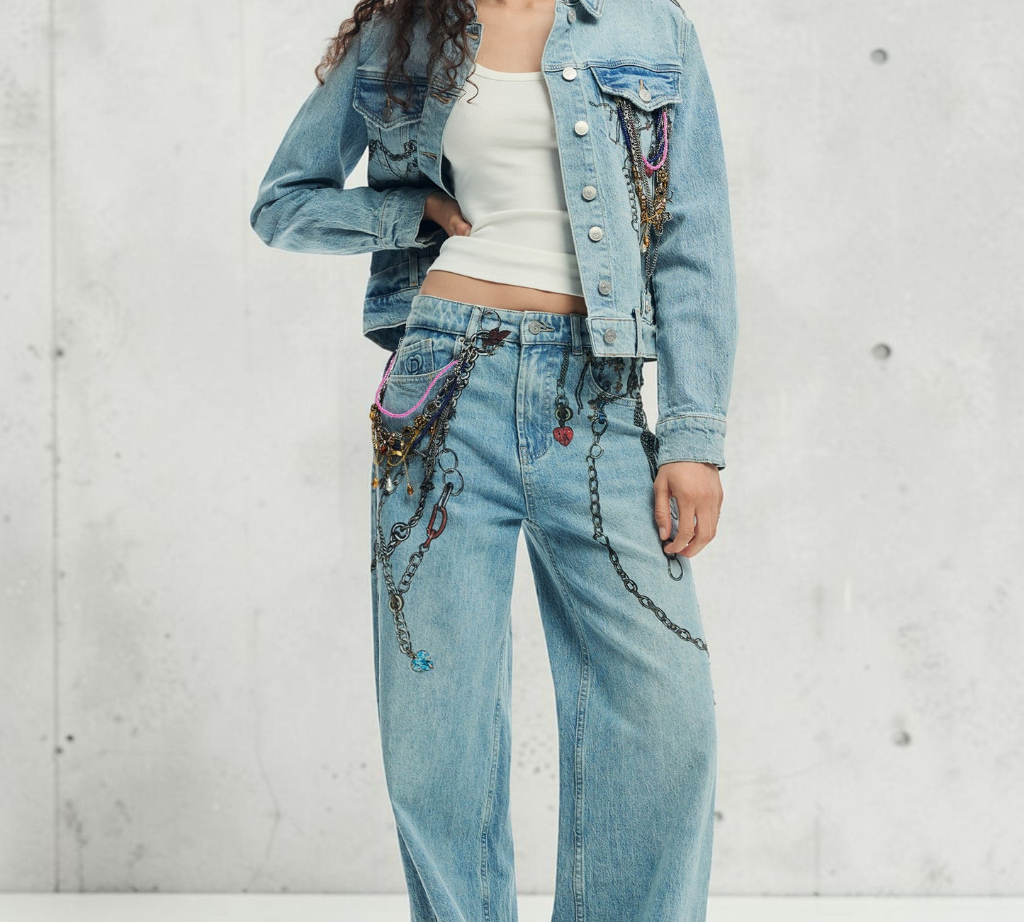 Embellished Denim Jacket with Layered Chain Detail - Above the Crowd Boutique