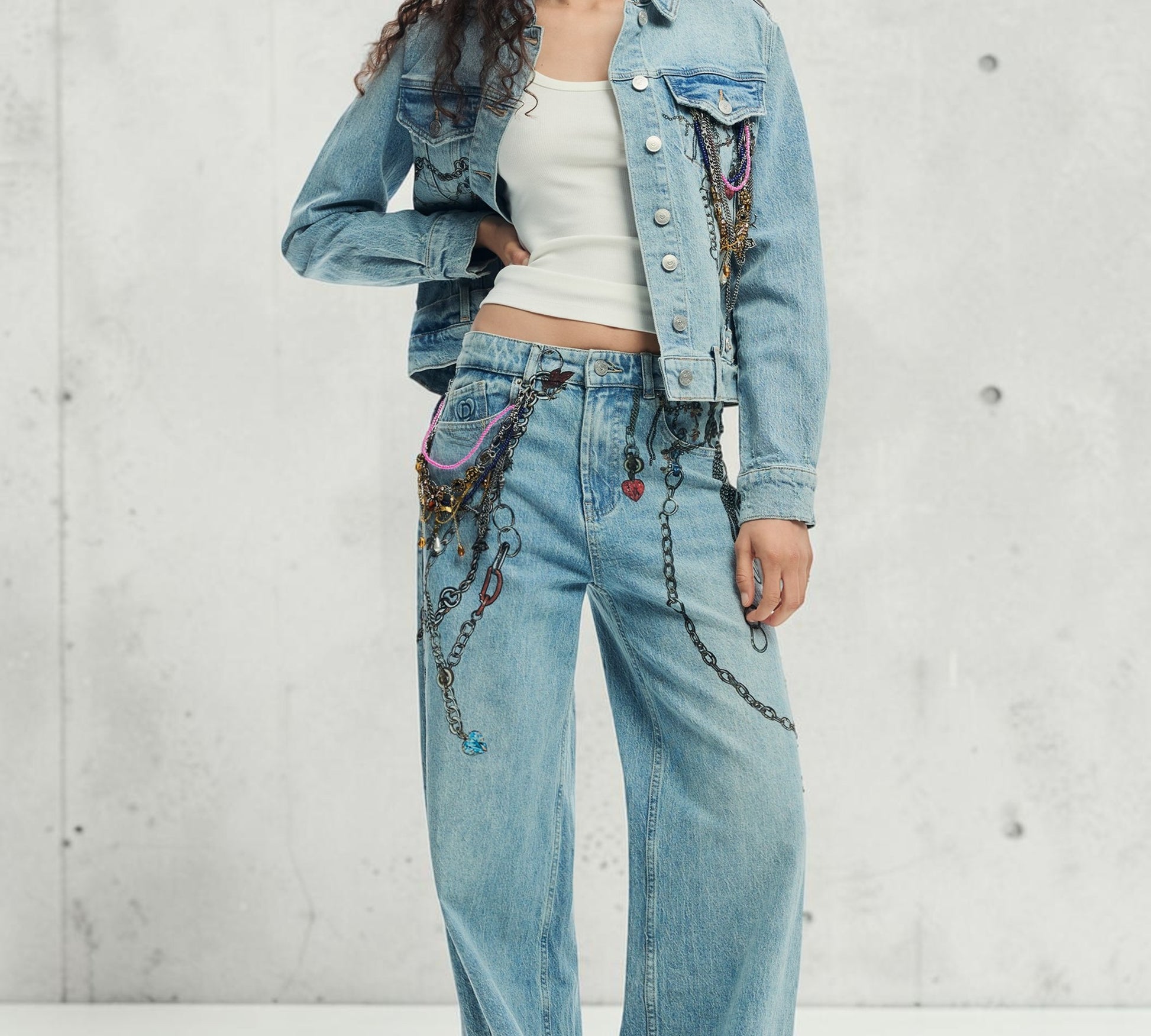 Embellished Denim Jacket with Layered Chain Detail - Above the Crowd Boutique