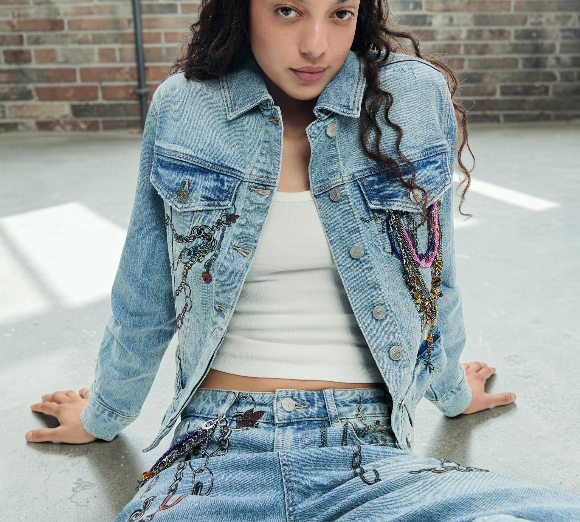 Embellished Denim Jacket with Layered Chain Detail - Above the Crowd Boutique