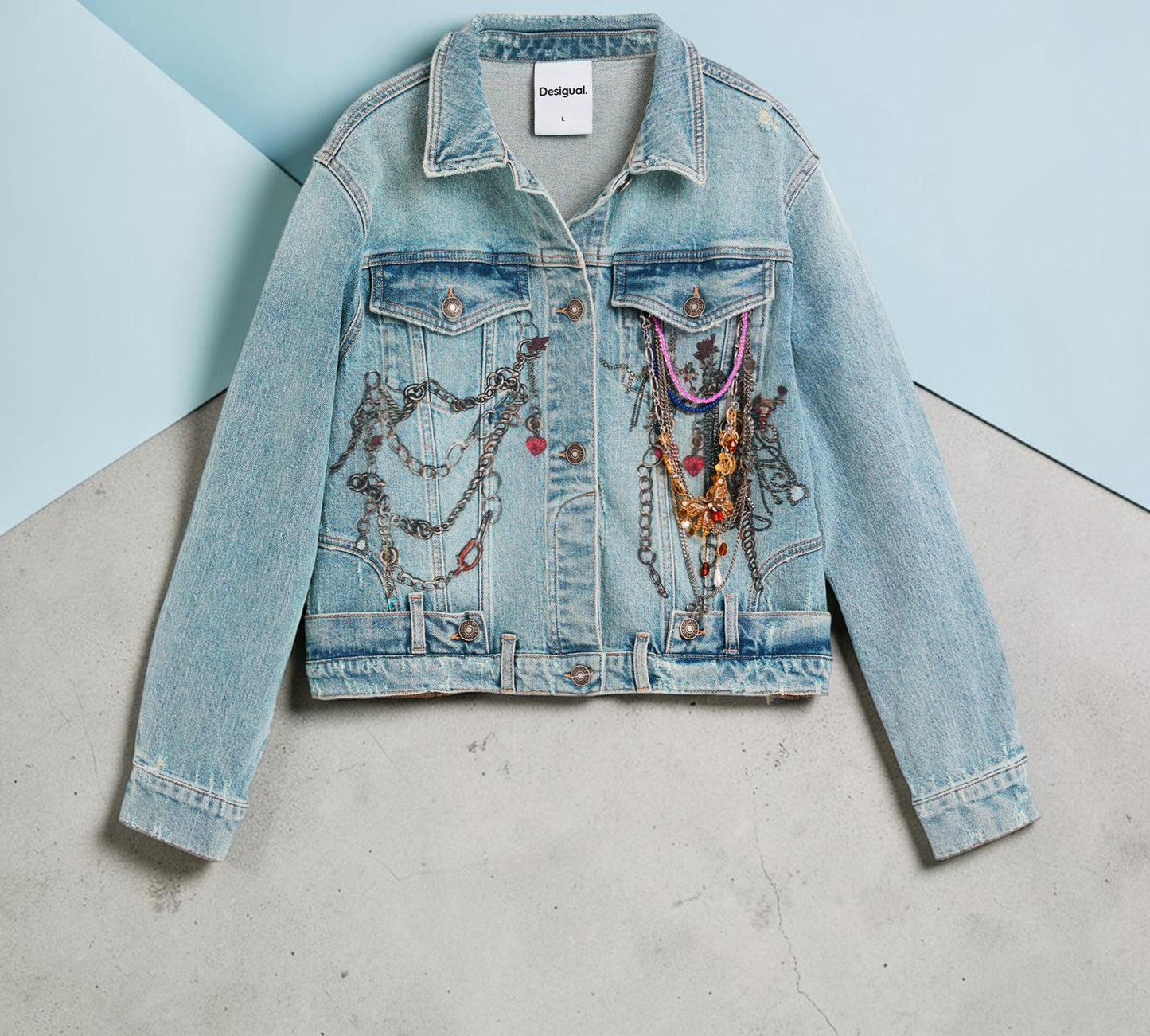 Embellished Denim Jacket with Layered Chain Detail - Above the Crowd Boutique