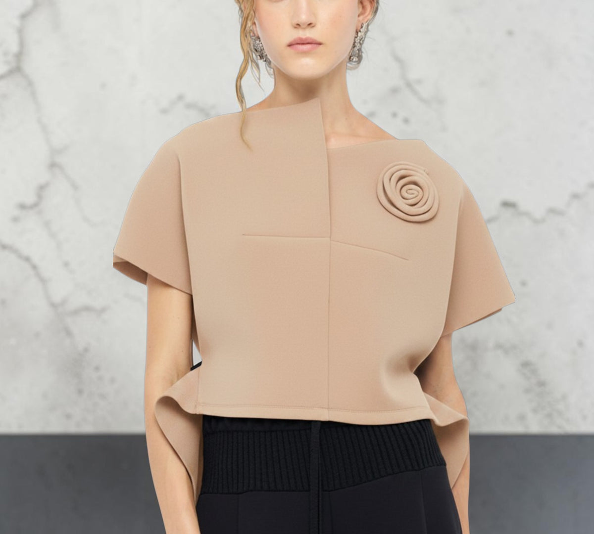 Sculptural Asymmetric Rose Appliqué Top - Above the Crowd Boutique