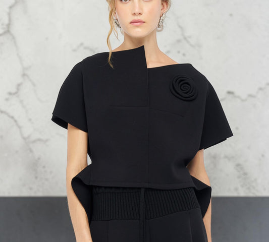 Sculptural Asymmetric Rose Appliqué Top - Above the Crowd Boutique