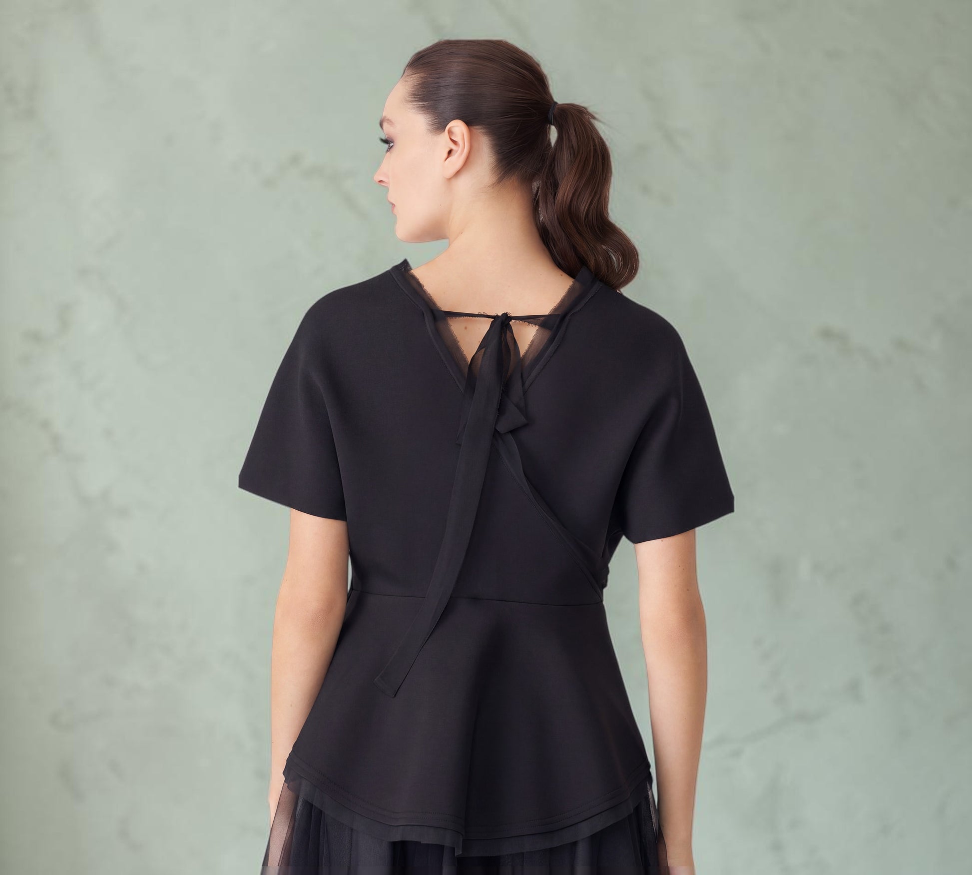 Black Architectural Zip-Front Peplum Top with Sheer Tulle Detail - Above the Crowd Boutique