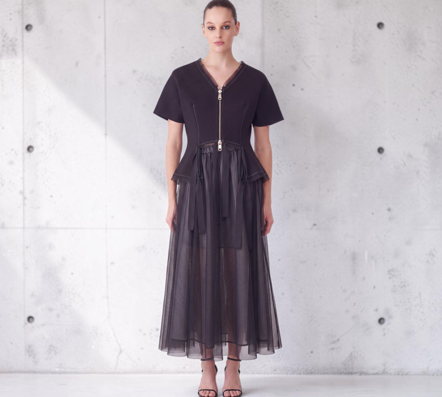 Black Architectural Zip-Front Peplum Top with Sheer Tulle Detail - Above the Crowd Boutique