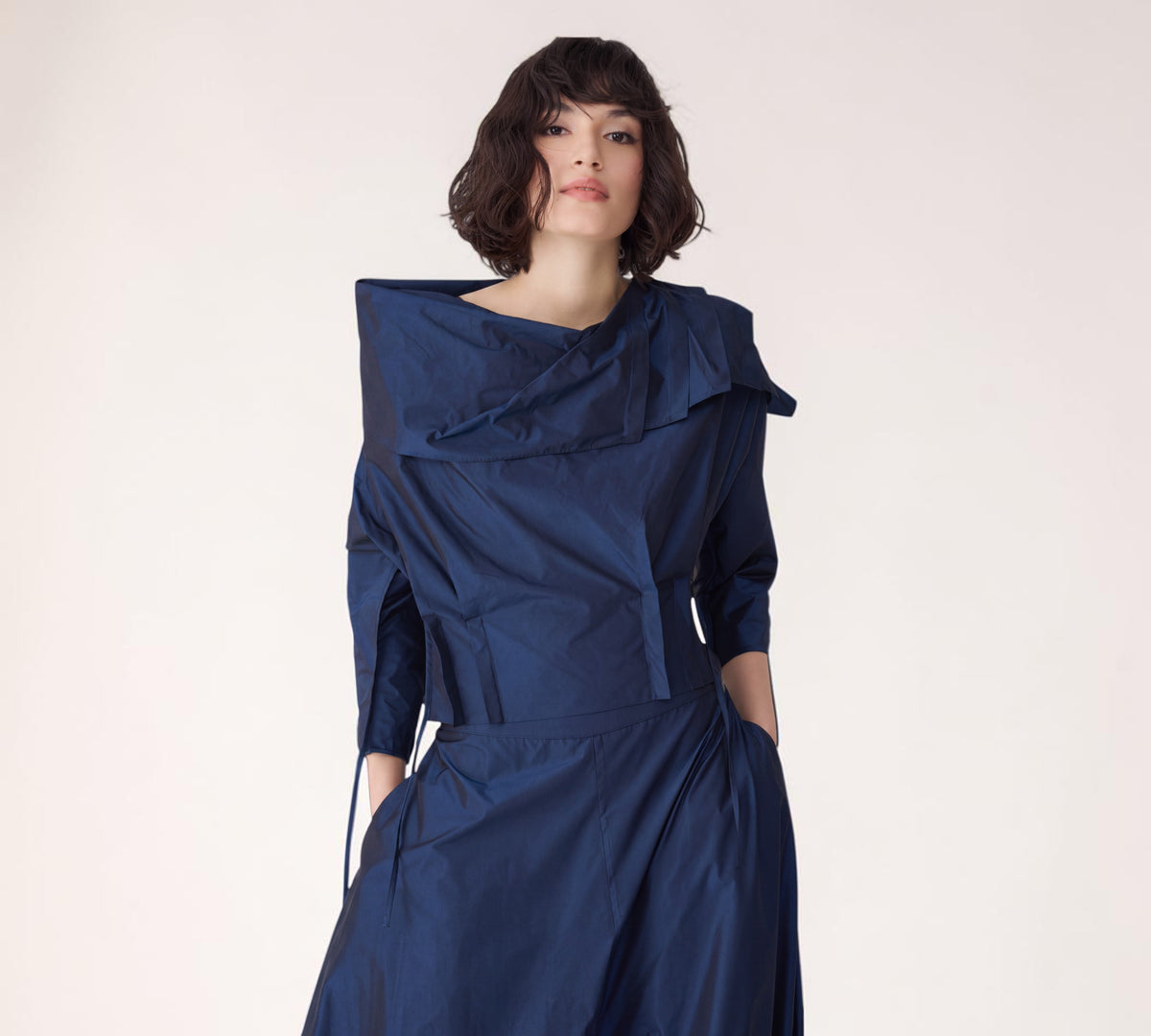 Navy Sculptural Draped Collar Cropped Top - Above the Crowd Boutique