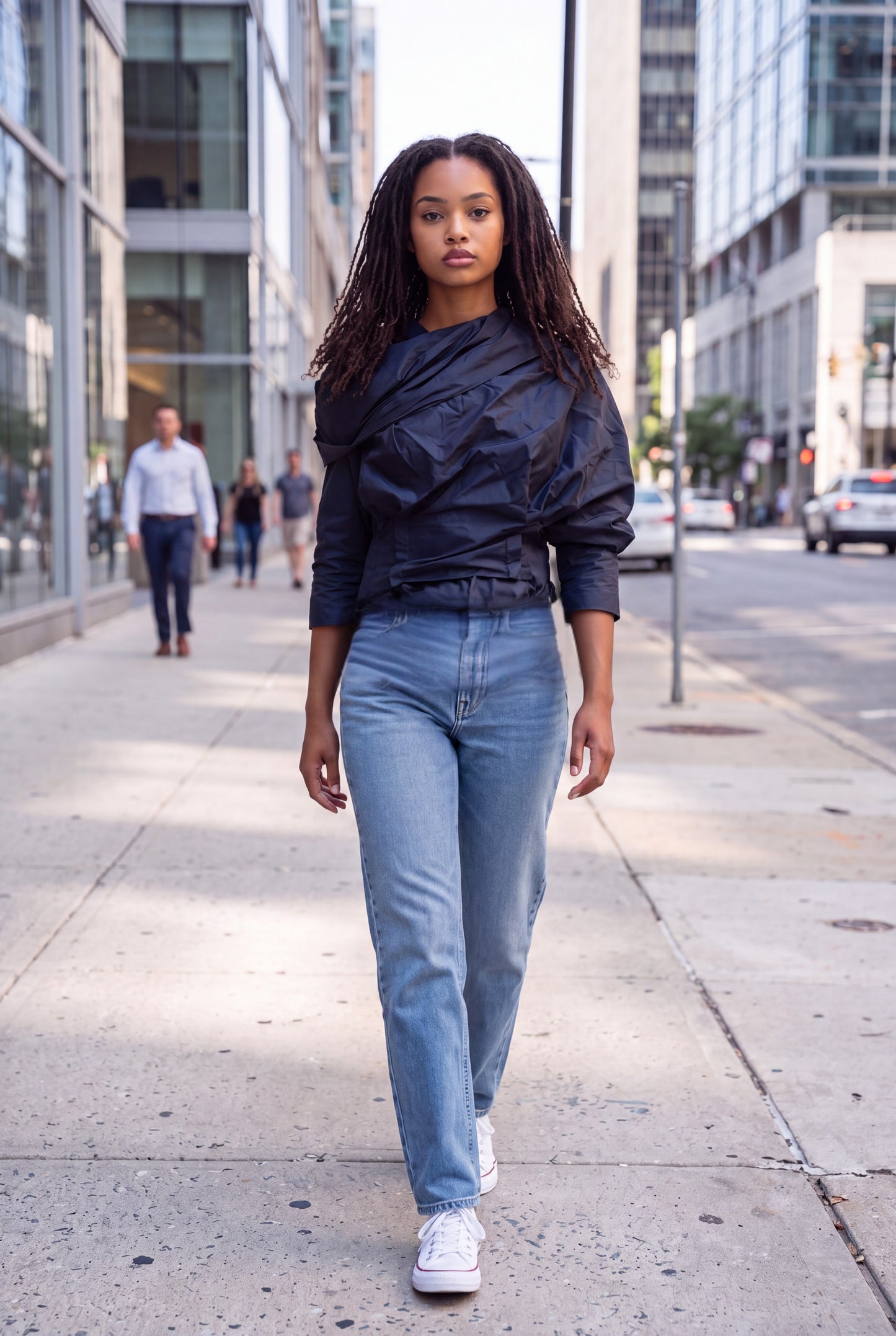 Navy Sculptural Draped Collar Cropped Top - Above the Crowd Boutique