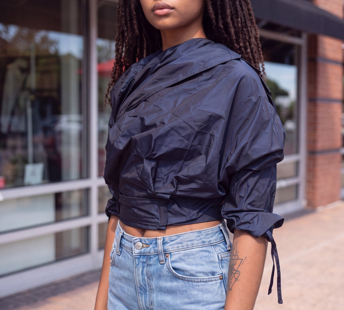 Navy Sculptural Draped Collar Cropped Top - Above the Crowd Boutique