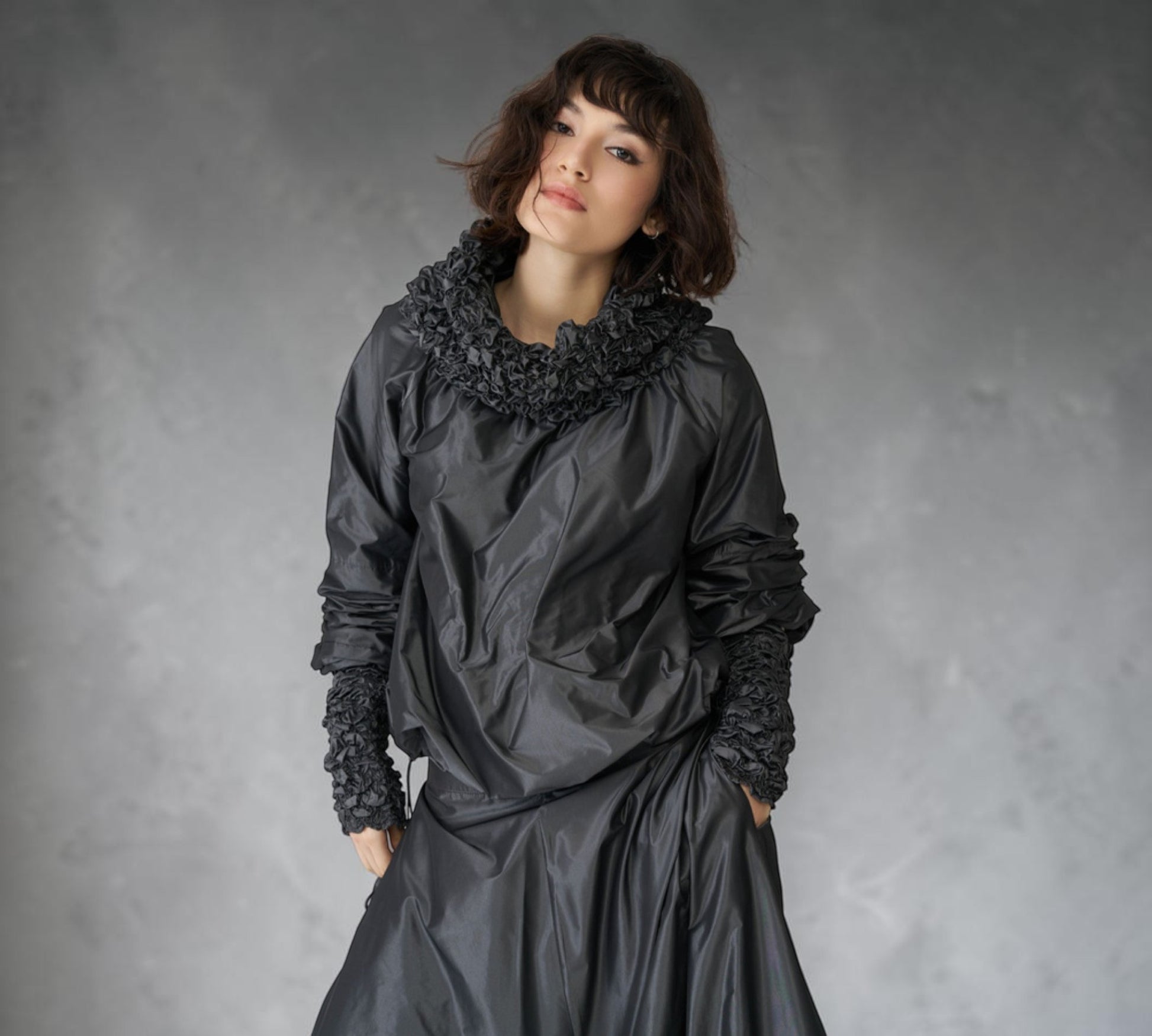 Black Sculptural Ruffle Collar Statement Blouse - Above the Crowd Boutique