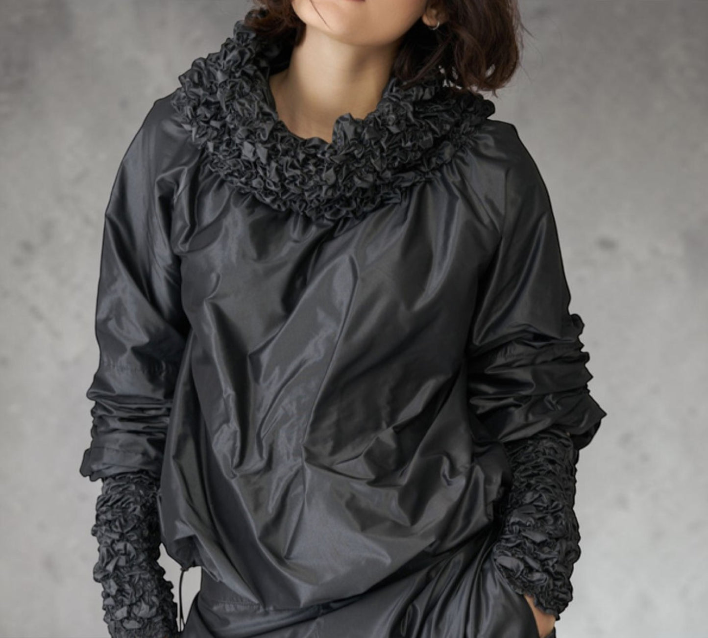 Black Sculptural Ruffle Collar Statement Blouse - Above the Crowd Boutique