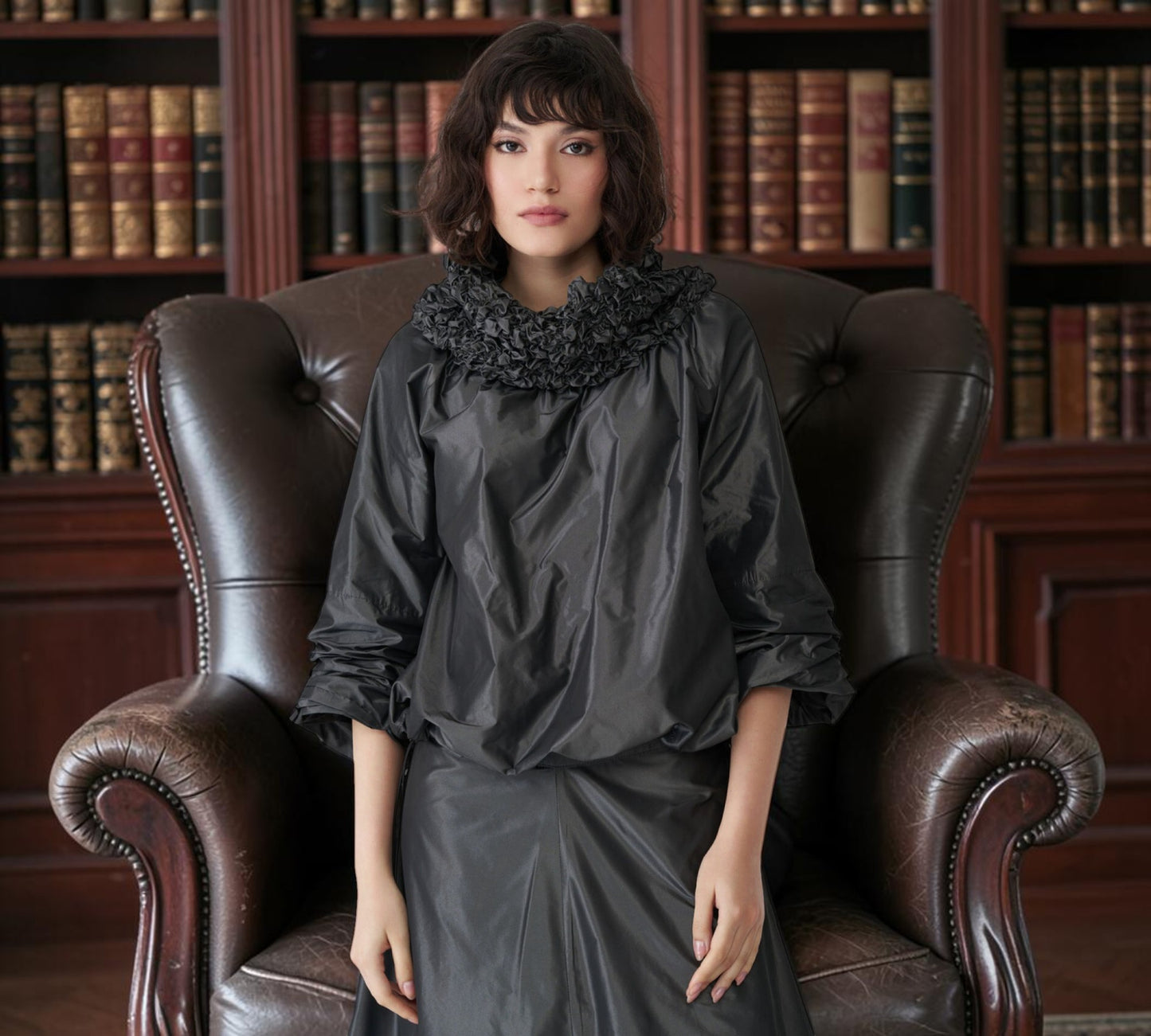 Black Sculptural Ruffle Collar Statement Blouse - Above the Crowd Boutique