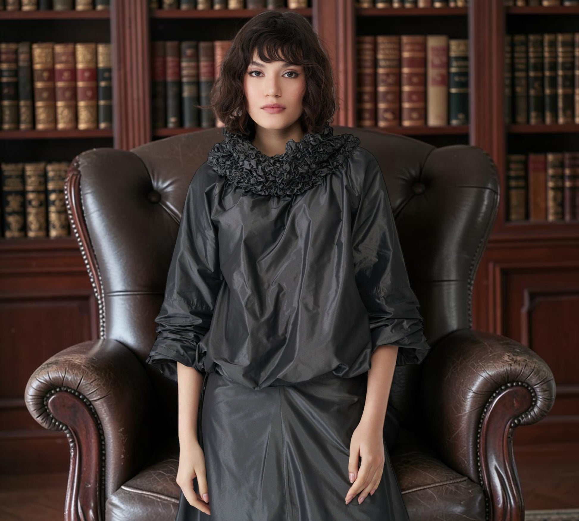 Black Sculptural Ruffle Collar Statement Blouse - Above the Crowd Boutique