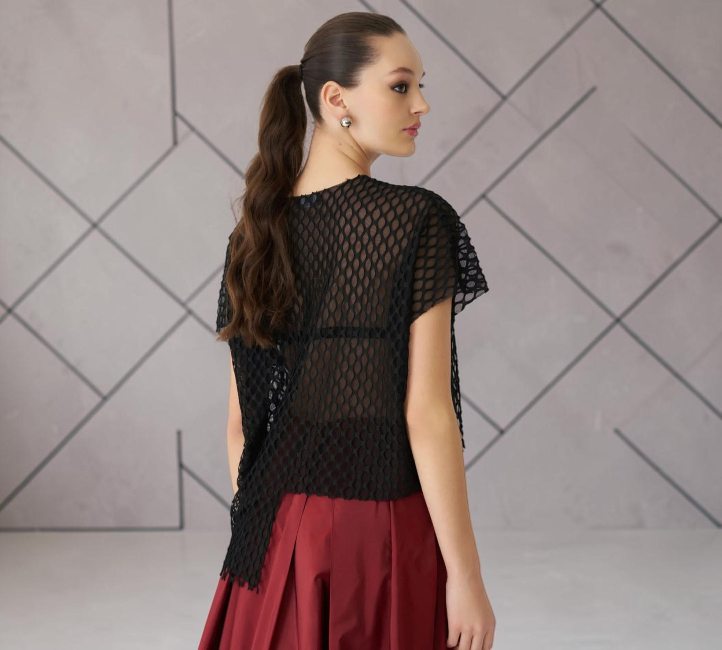 Black Open-Mesh Asymmetrical Top with Burgundy Ribbon Detail - Above the Crowd Boutique
