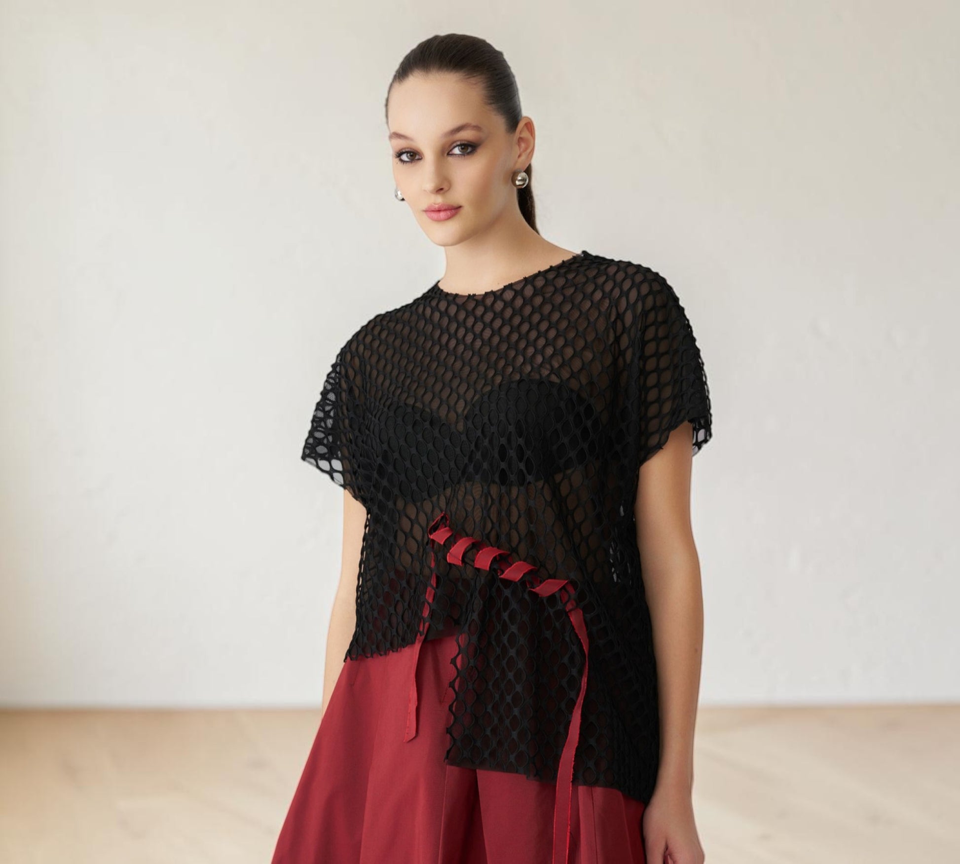 Black Open-Mesh Asymmetrical Top with Burgundy Ribbon Detail - Above the Crowd Boutique