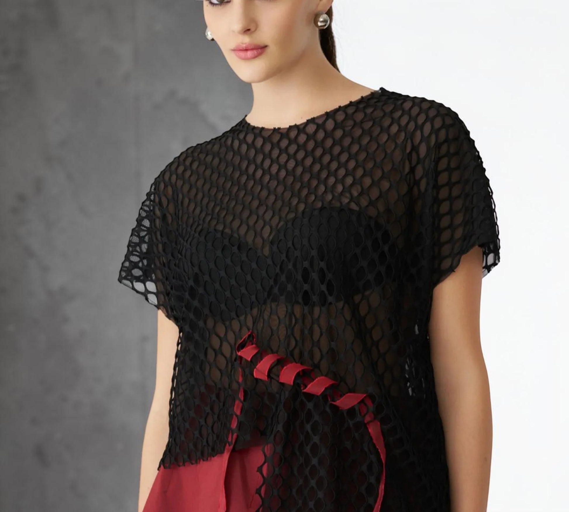 Black Open-Mesh Asymmetrical Top with Burgundy Ribbon Detail - Above the Crowd Boutique