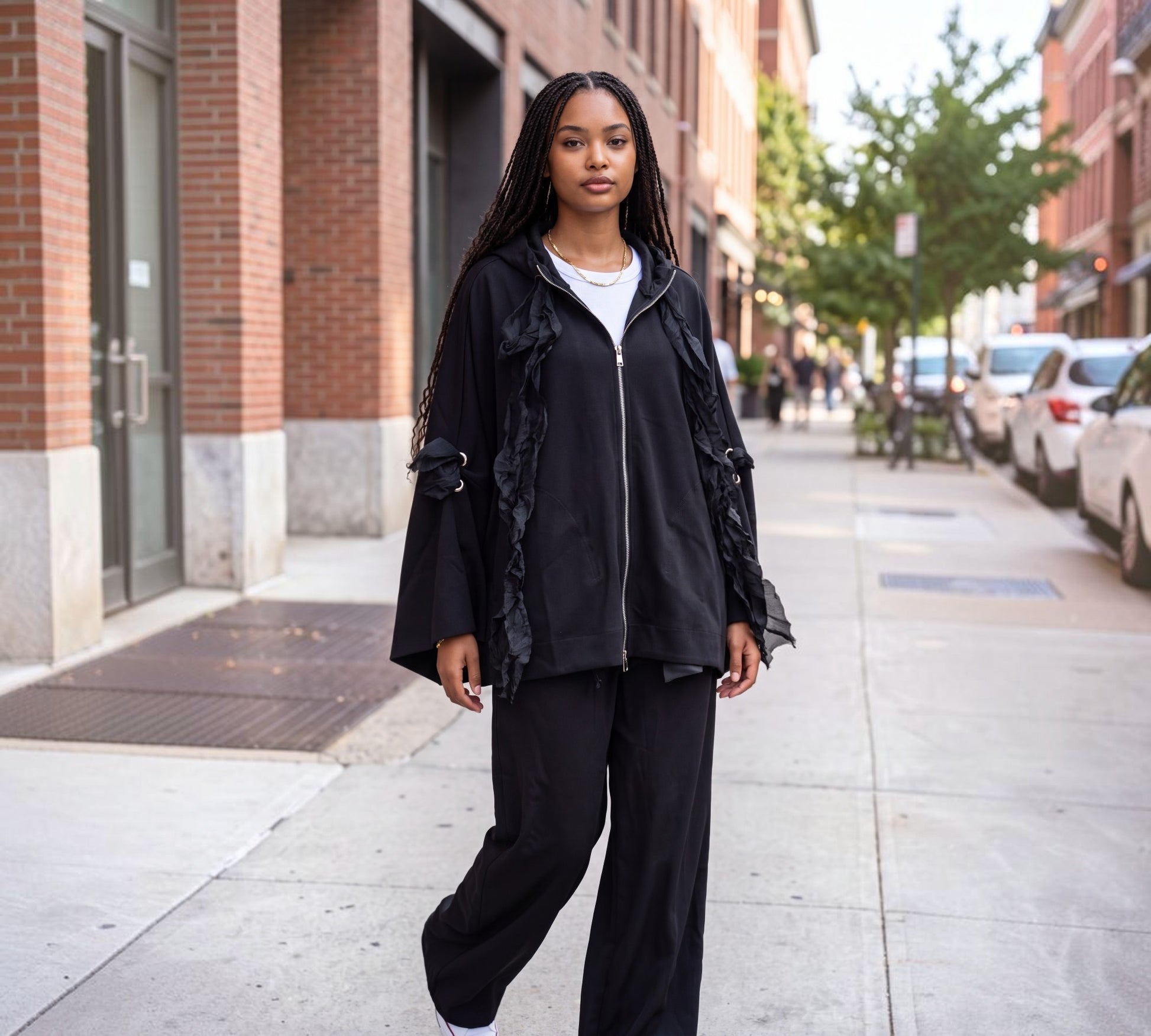 Black Avant-Garde Hooded Zip-Up Jacket with Crinkled Ruffle Trim -Above the Crowd Boutique