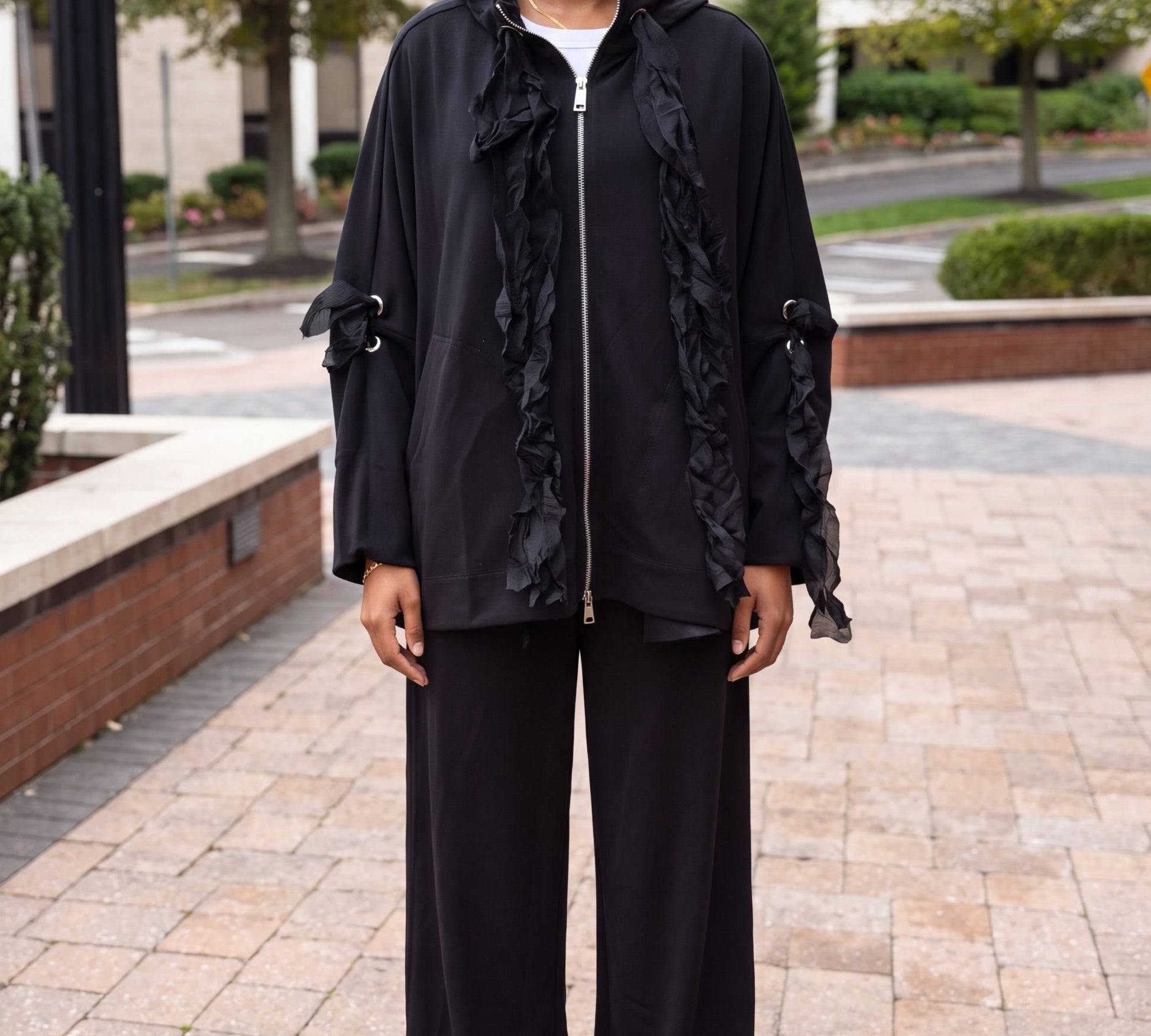 Black Avant-Garde Hooded Zip-Up Jacket with Crinkled Ruffle Trim -Above the Crowd Boutique