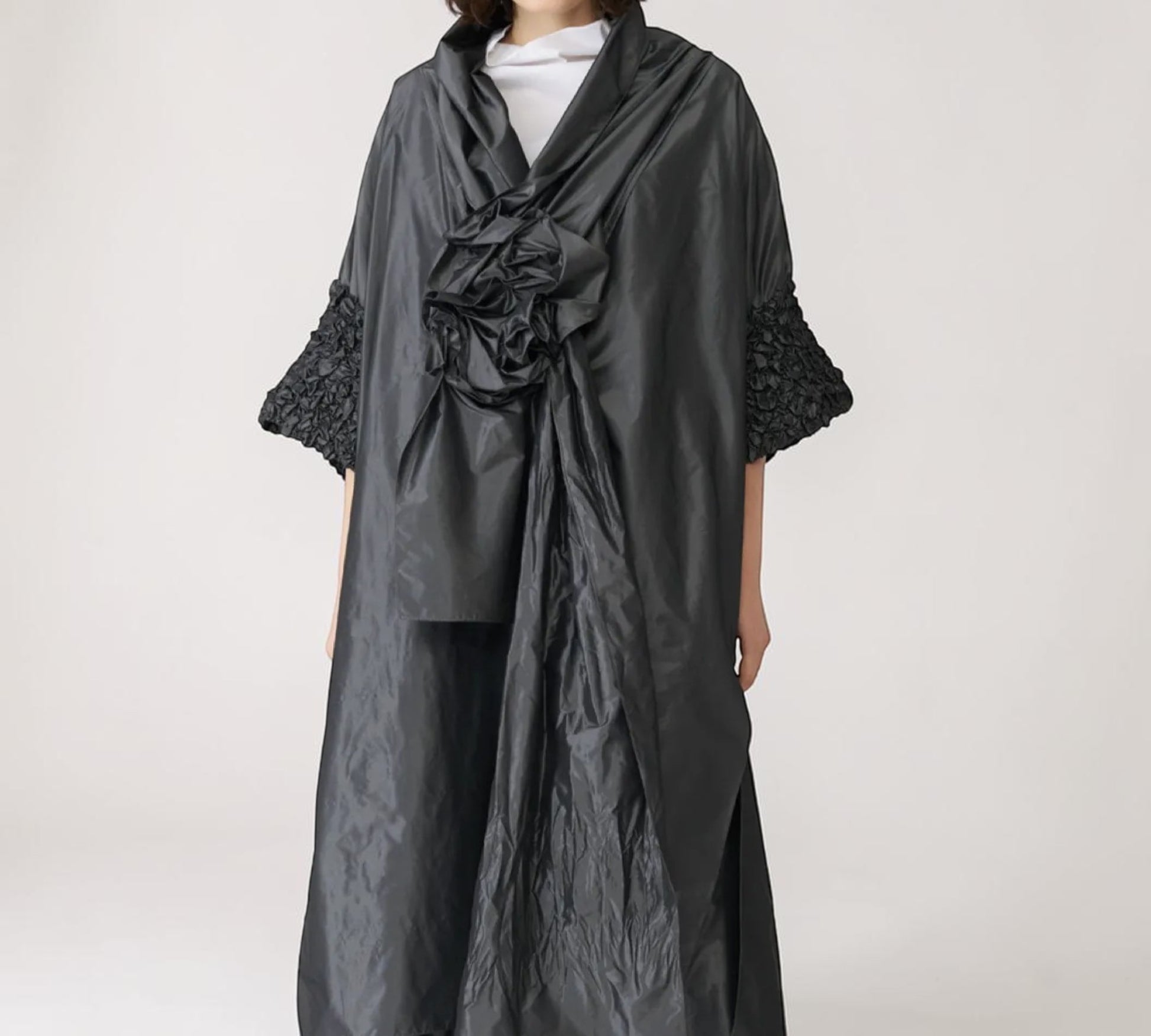 Black Avant-Garde Sculptural Cape with Textured Sleeves & Statement Rosette - Above the Crowd Boutique