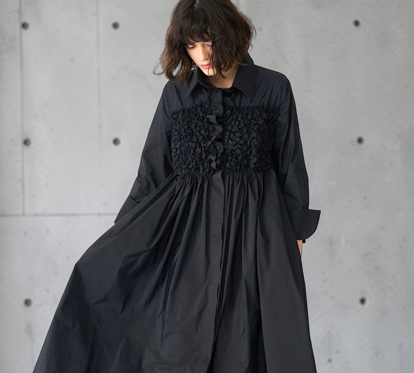 Black Textured Bust Shirt Dress with Voluminous Maxi Silhouette - Above the Crowd Boutique