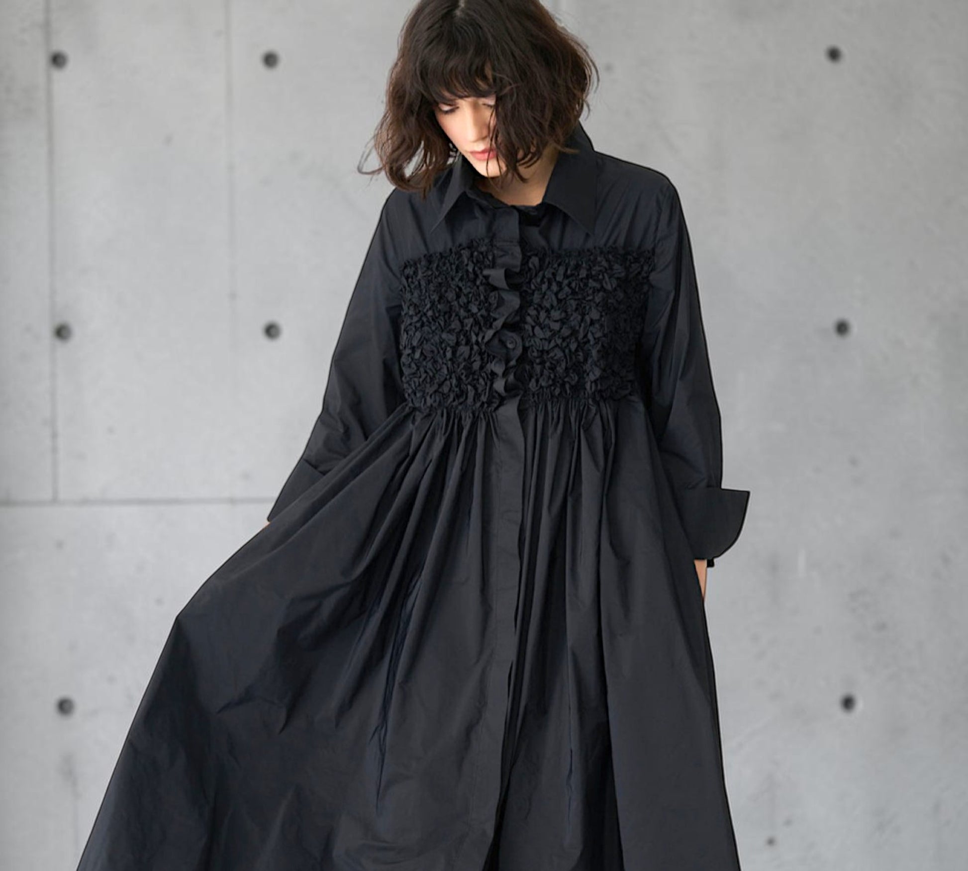 Black Textured Bust Shirt Dress with Voluminous Maxi Silhouette - Above the Crowd Boutique
