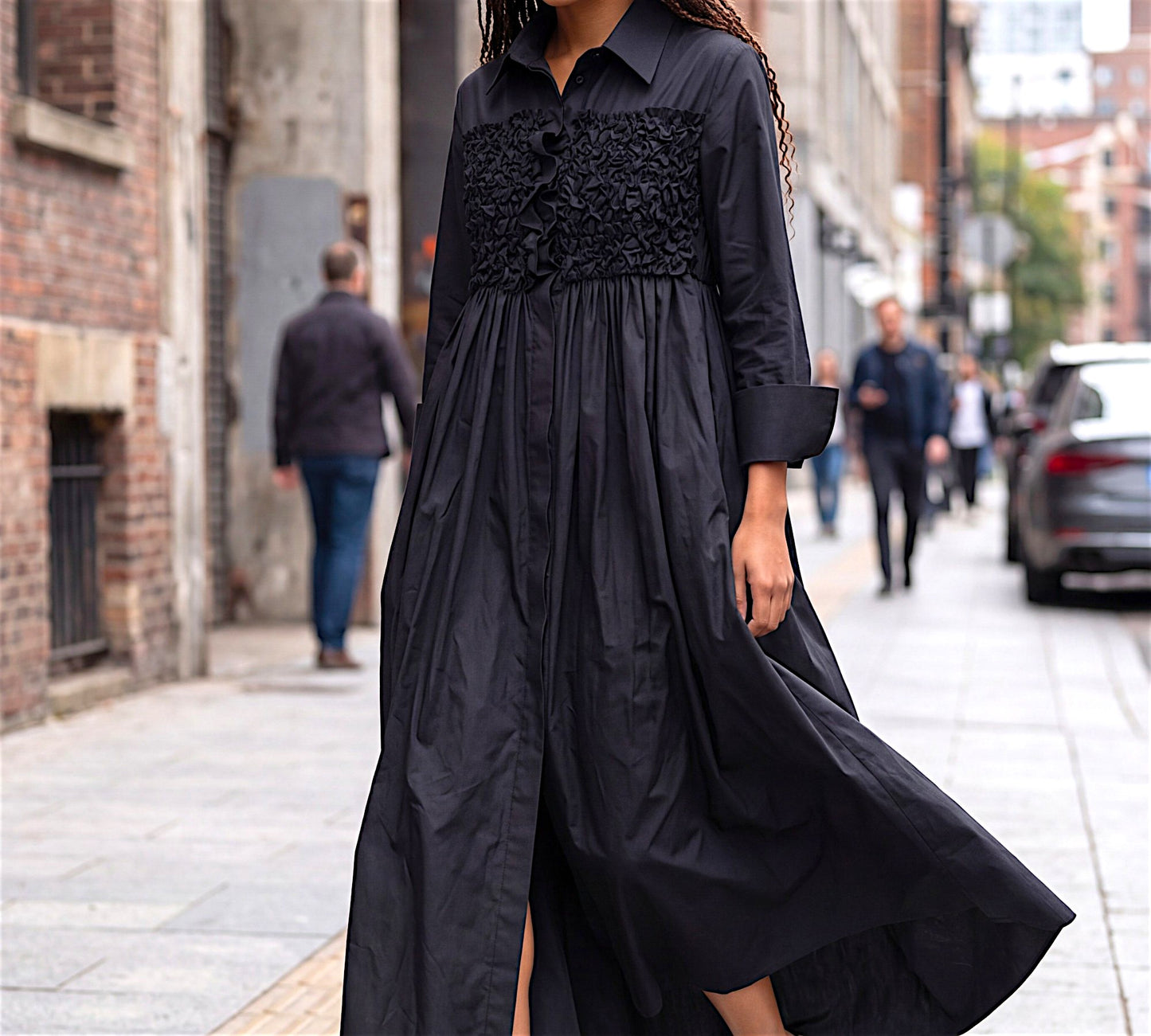 Black Textured Bust Shirt Dress with Voluminous Maxi Silhouette - Above the Crowd Boutique