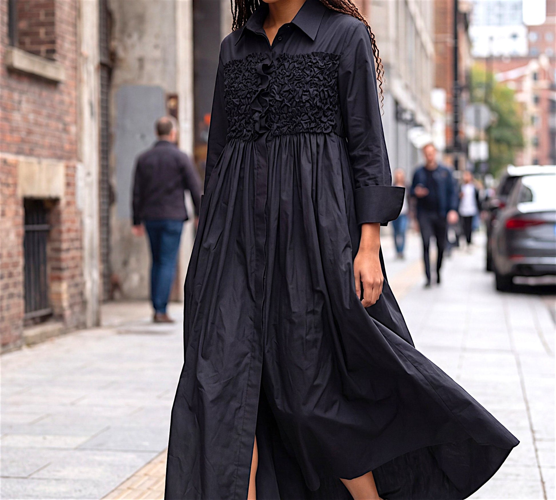 Black Textured Bust Shirt Dress with Voluminous Maxi Silhouette - Above the Crowd Boutique