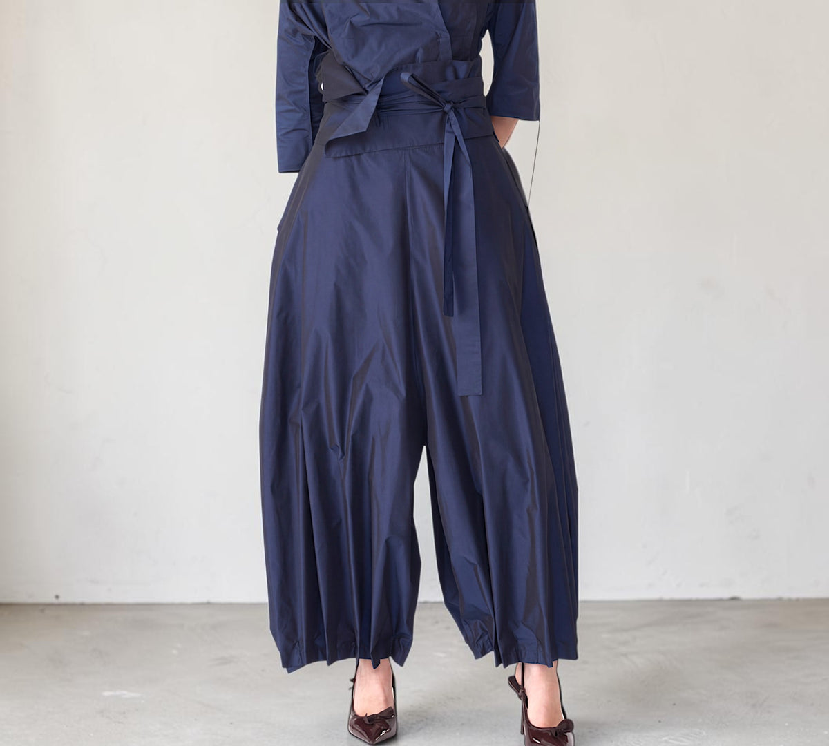 Navy Sculptural Balloon-Leg Pants with Wrap Tie Waist - Above the Crowd Boutique