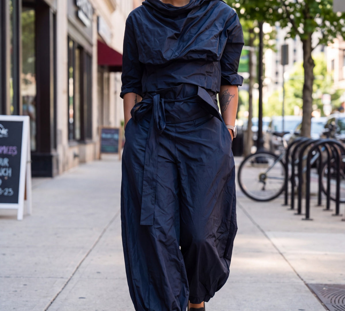 Navy Sculptural Balloon-Leg Pants with Wrap Tie Waist - Above the Crowd Boutique