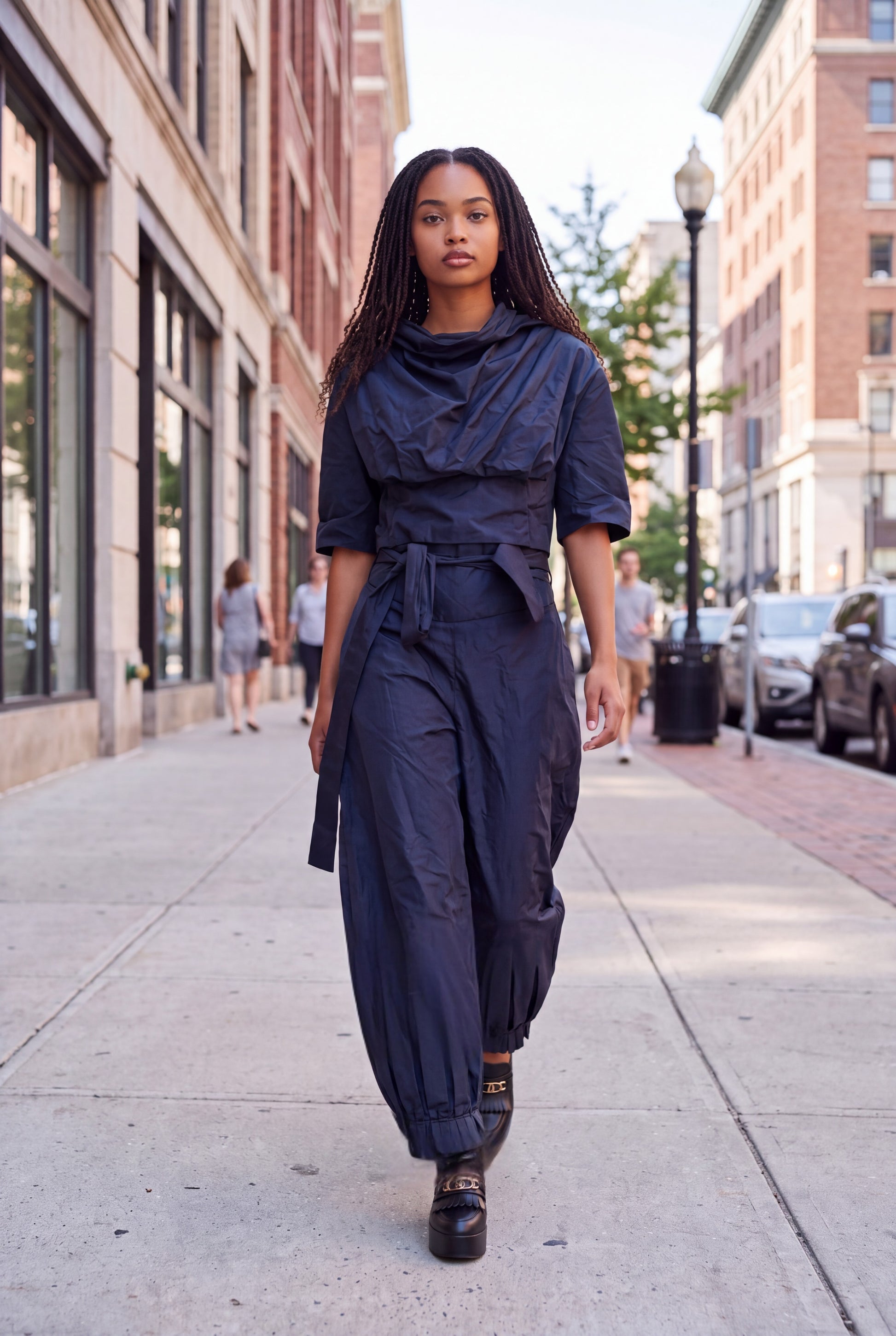 Navy Sculptural Balloon-Leg Pants with Wrap Tie Waist - Above the Crowd Boutique