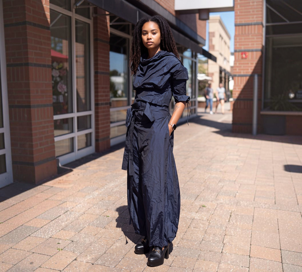 Navy Sculptural Balloon-Leg Pants with Wrap Tie Waist - Above the Crowd Boutique