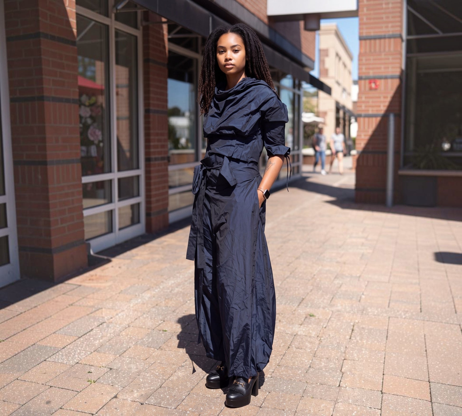 Navy Sculptural Balloon-Leg Pants with Wrap Tie Waist - Above the Crowd Boutique