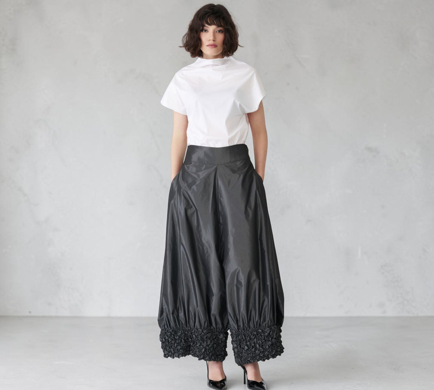 Black Sculptural Wide-Leg Balloon Pants with Textured Cuffs - Above the Crowd Boutique