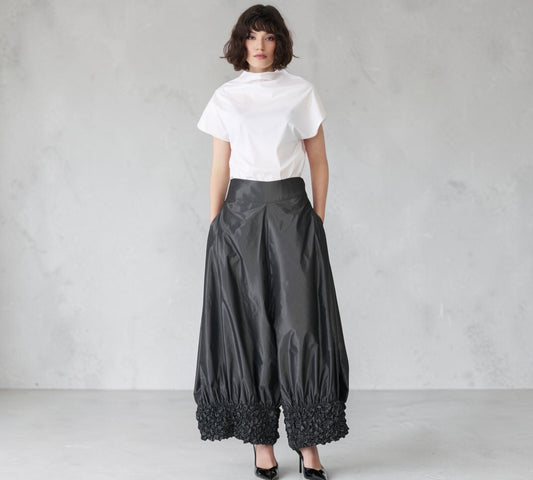 Black Sculptural Wide-Leg Balloon Pants with Textured Cuffs - Above the Crowd Boutique