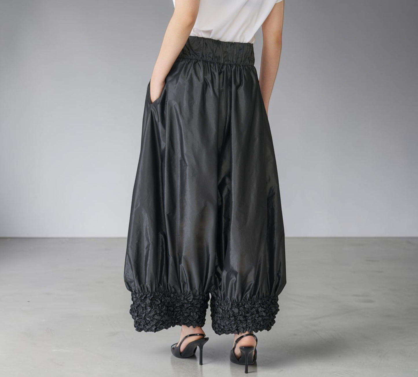 Black Sculptural Wide-Leg Balloon Pants with Textured Cuffs - Above the Crowd Boutique