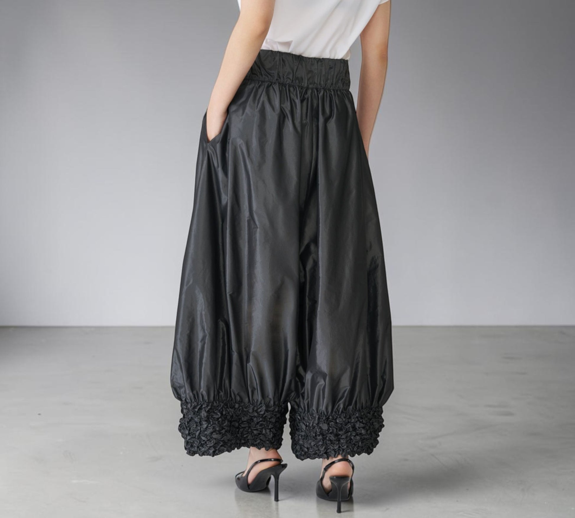 Black Sculptural Wide-Leg Balloon Pants with Textured Cuffs - Above the Crowd Boutique