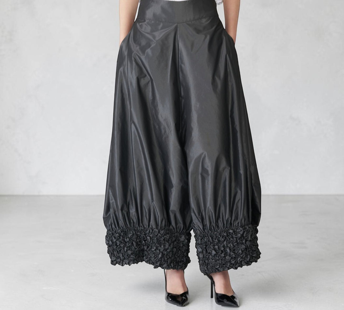 Black Sculptural Wide-Leg Balloon Pants with Textured Cuffs - Above the Crowd Boutique