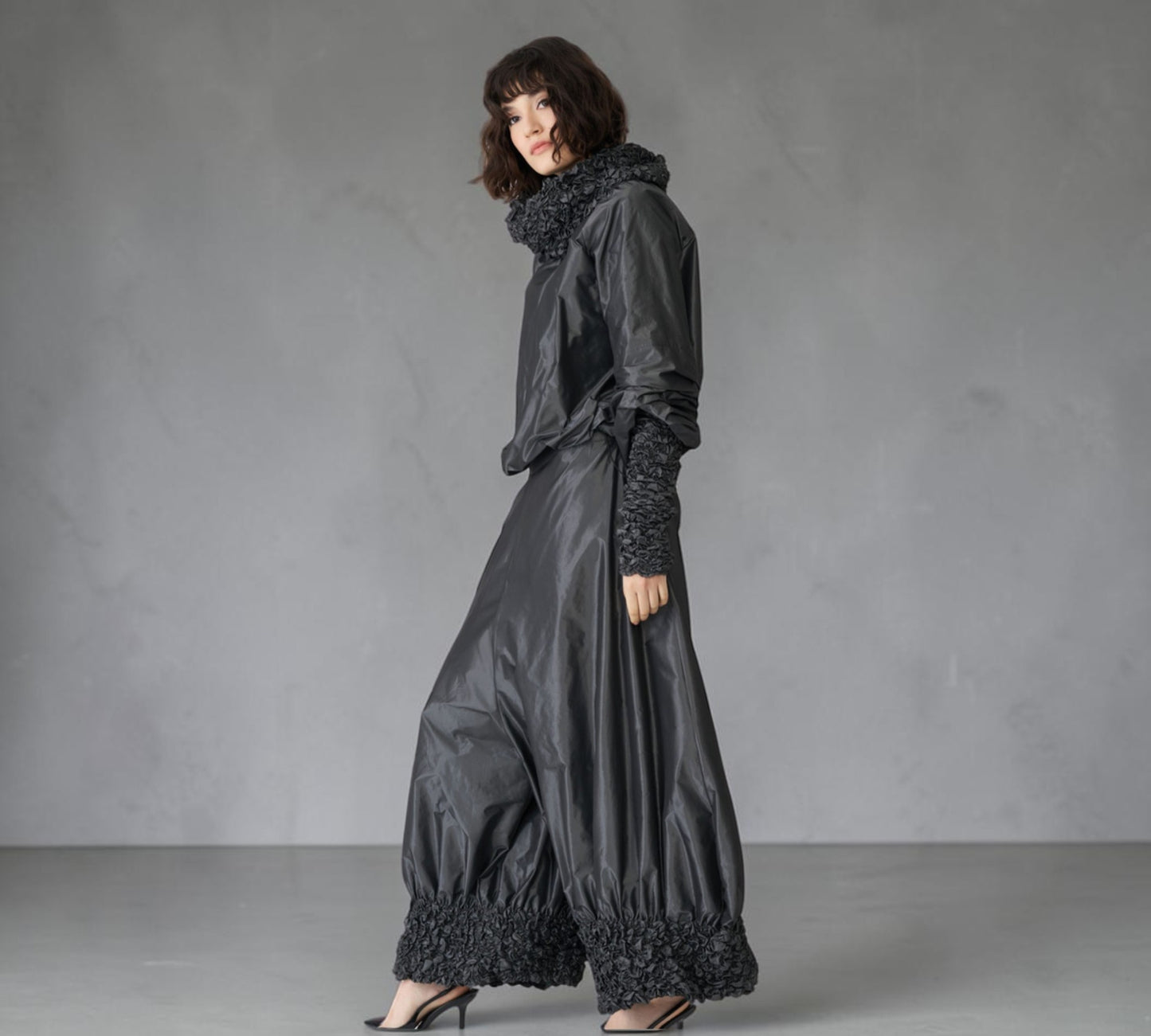 Black Sculptural Wide-Leg Balloon Pants with Textured Cuffs - Above the Crowd Boutique