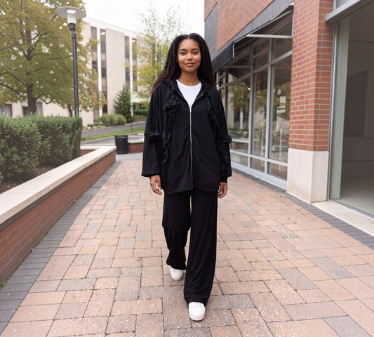Black Avant-Garde Hooded Zip-Up Jacket with Crinkled Ruffle Trim -Above the Crowd Boutique