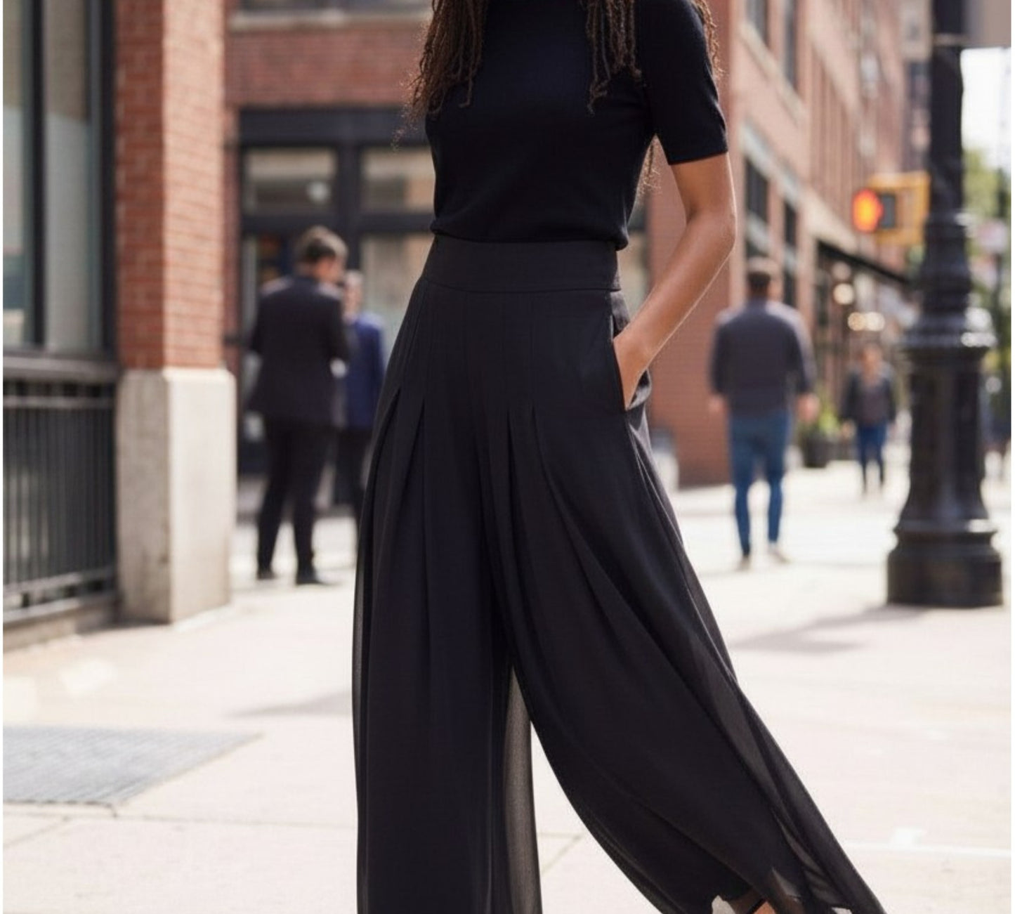 Black Pleated Chiffon Overlay Wide-Leg Pants - Above the Crowd Boutique