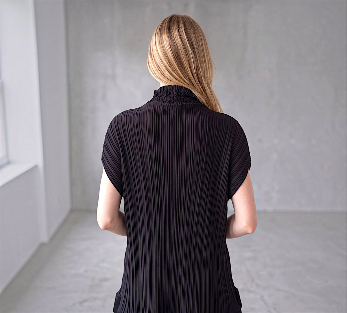 Black Sculptural Pleated Turtleneck Mini Dress