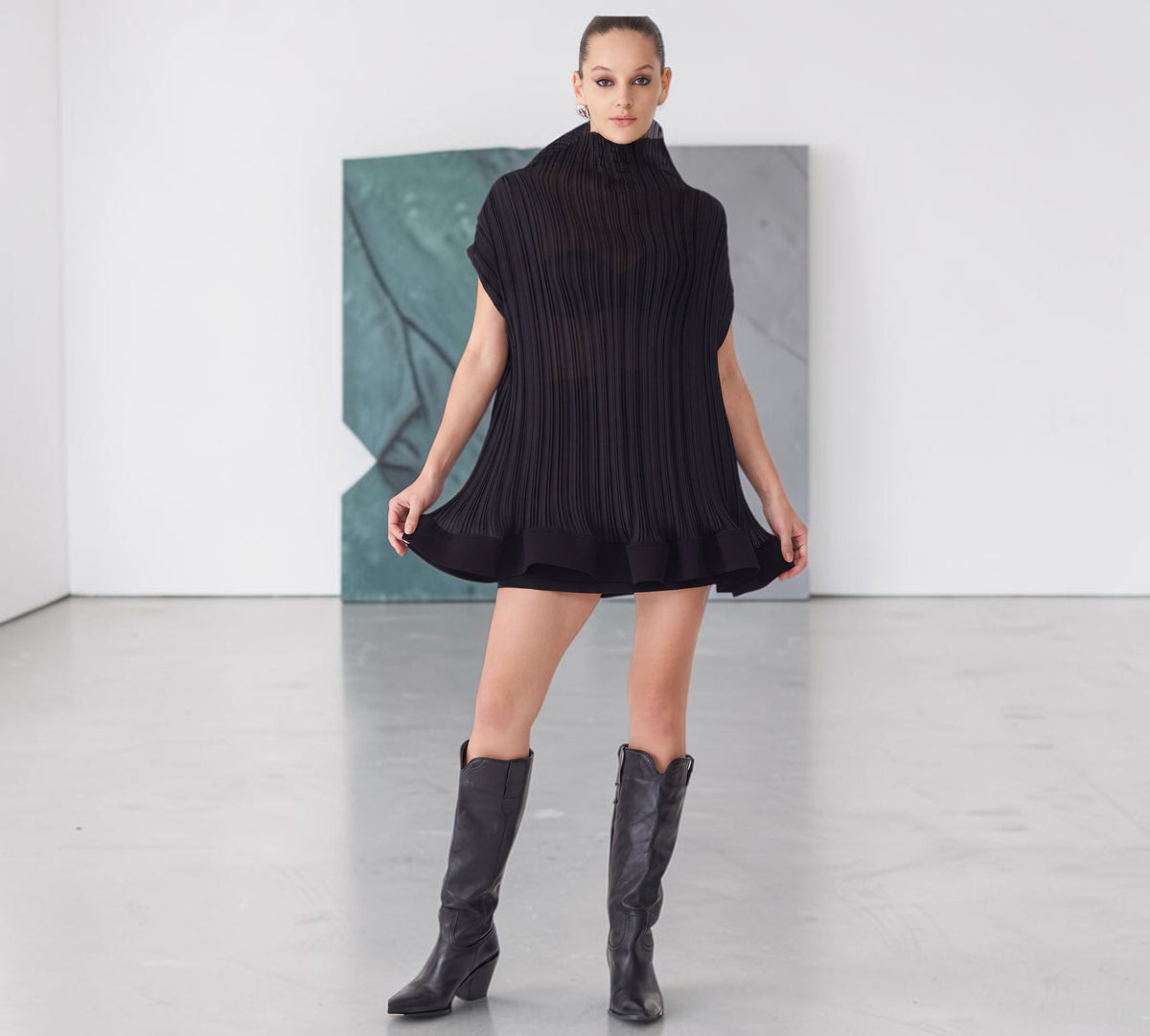 Black Sculptural Pleated Turtleneck Mini Dress