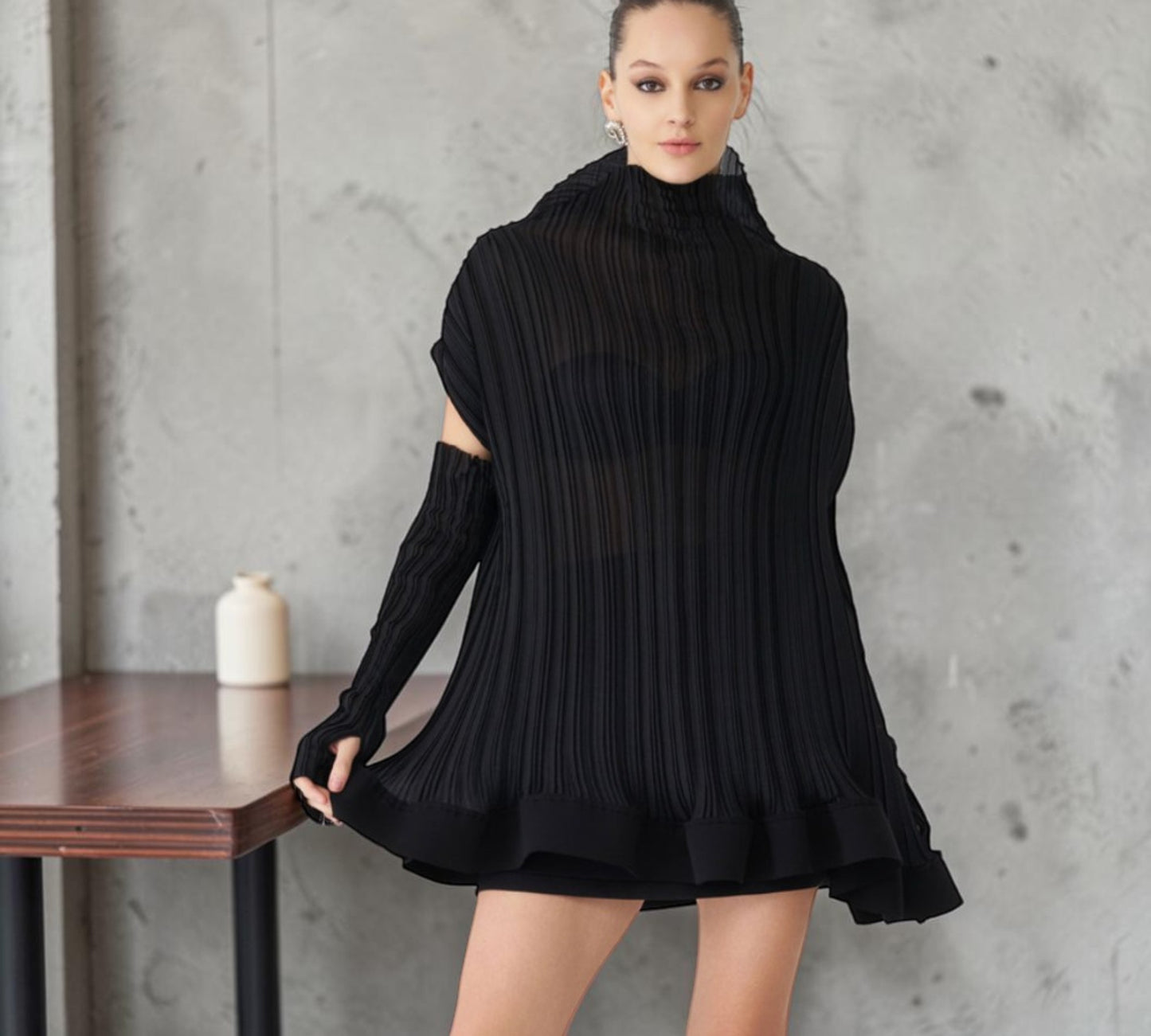 Black Pleated Cold-Shoulder Mini Dress