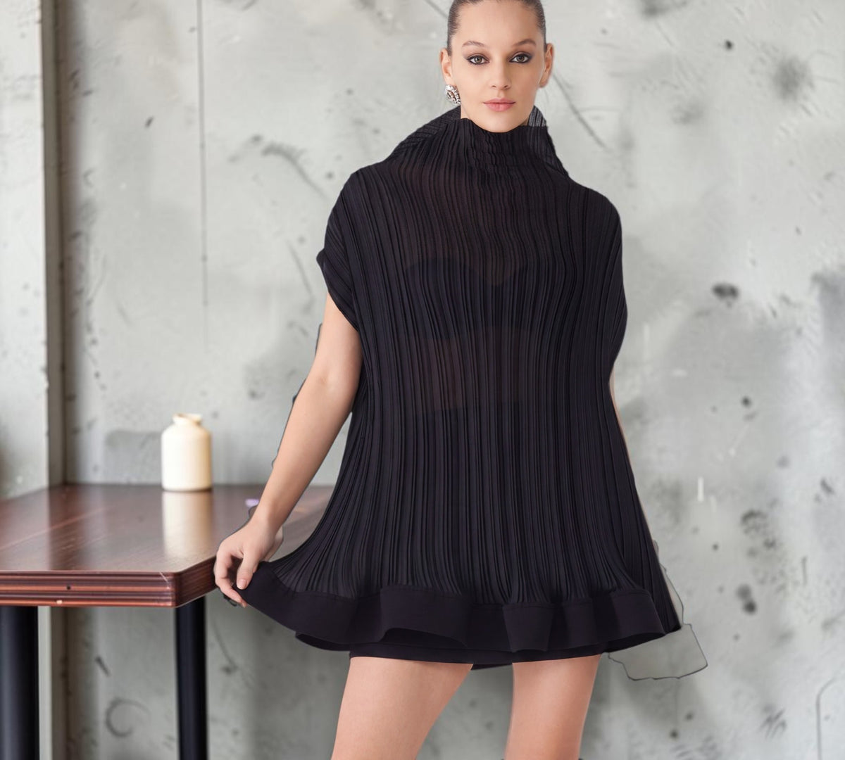 Black Sculptural Pleated Turtleneck Mini Dress