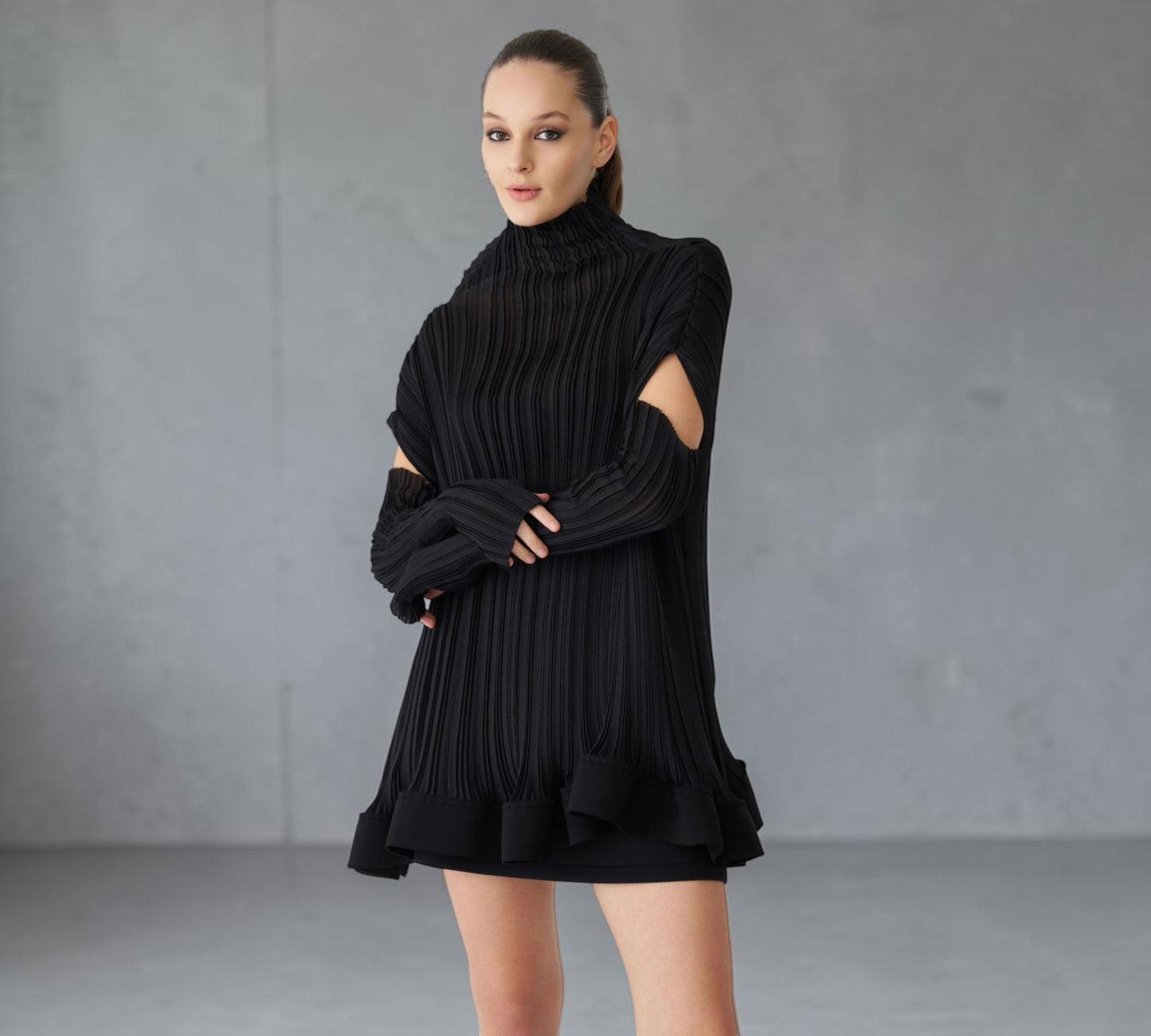 Black Pleated Cold-Shoulder Mini Dress