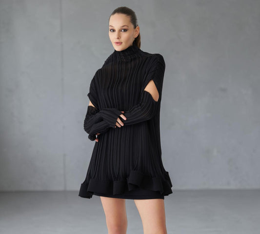 Black Pleated Cold-Shoulder Mini Dress