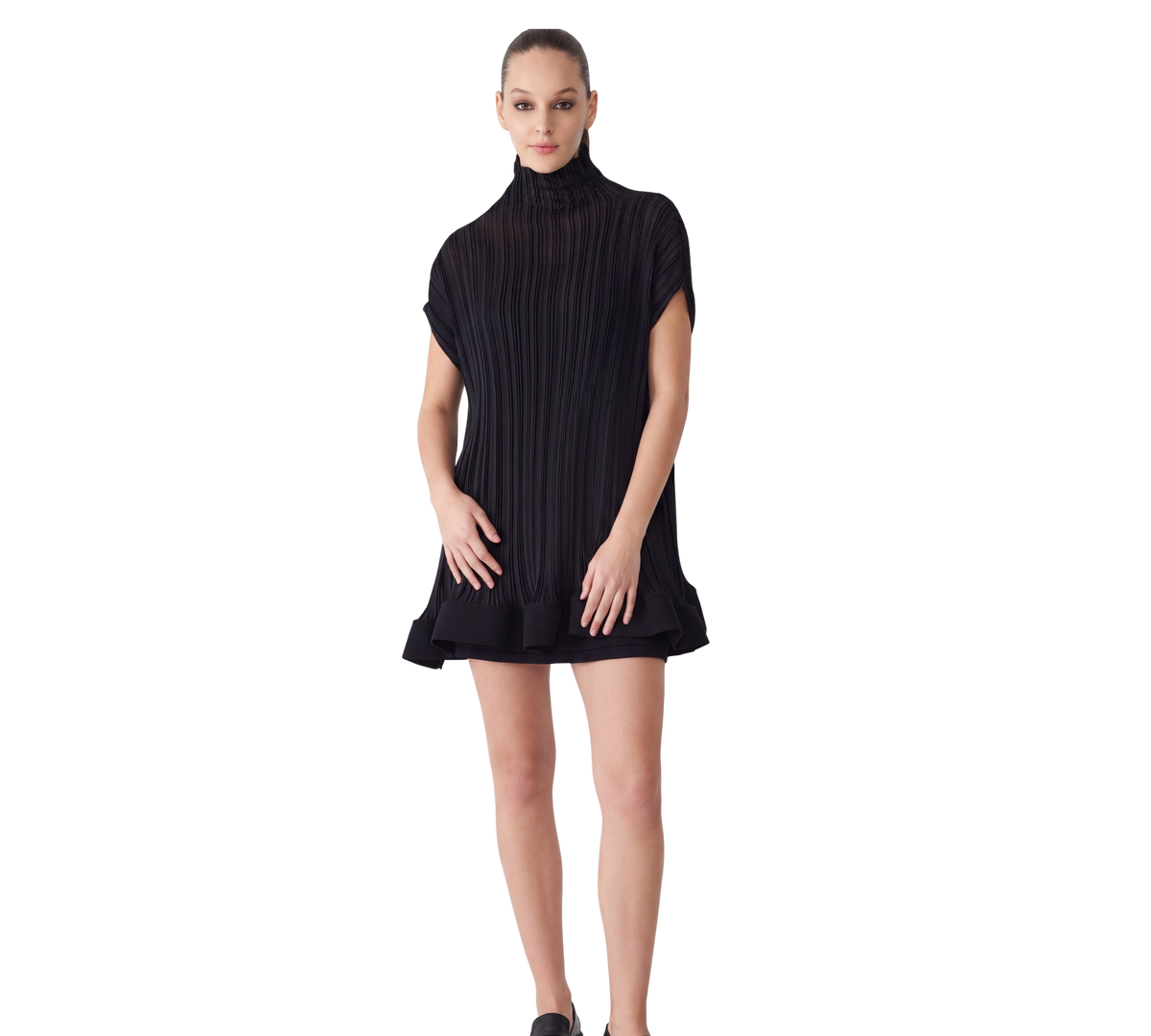 Black Sculptural Pleated Turtleneck Mini Dress