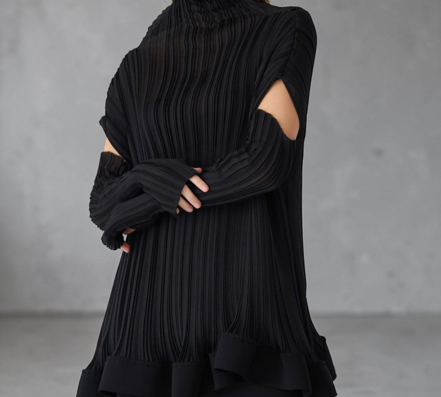 Black Pleated Cold-Shoulder Mini Dress