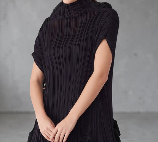 Black Sculptural Pleated Turtleneck Mini Dress