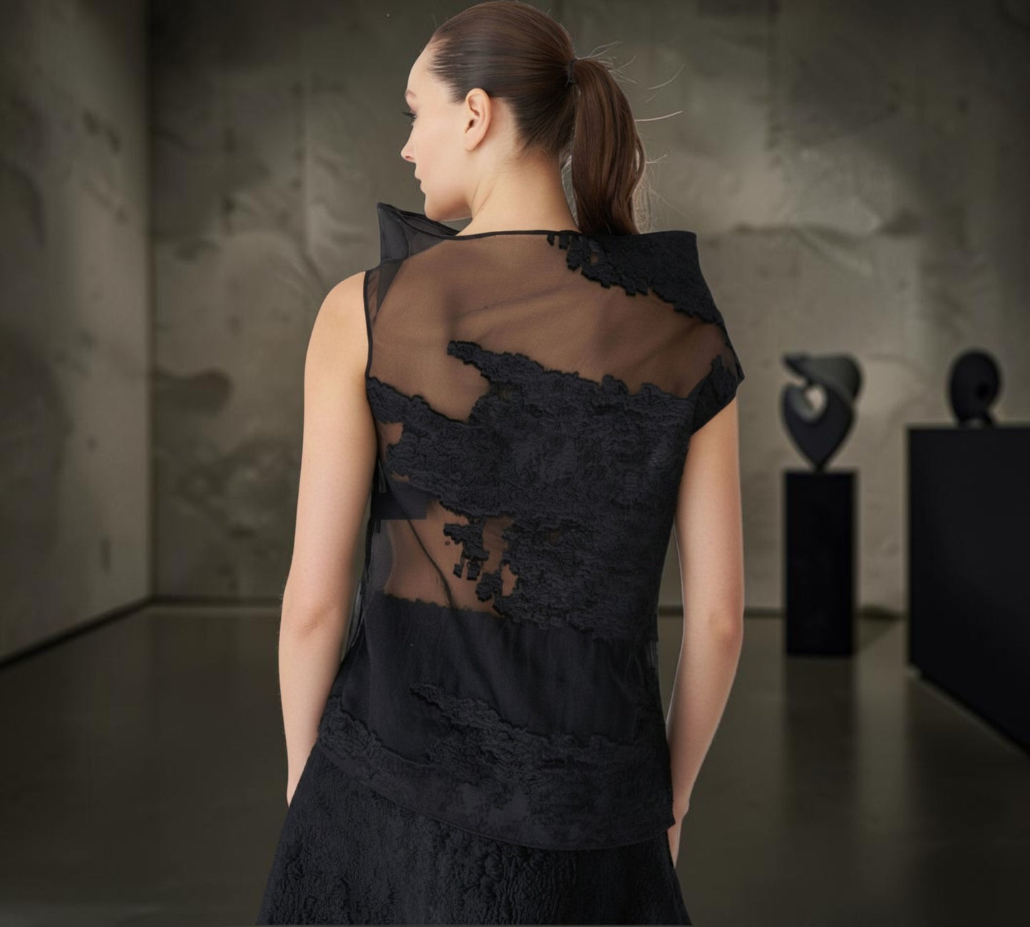 Black Sheer Mesh & Lace Sculptural Blouse -  Above the Crowd Boutique