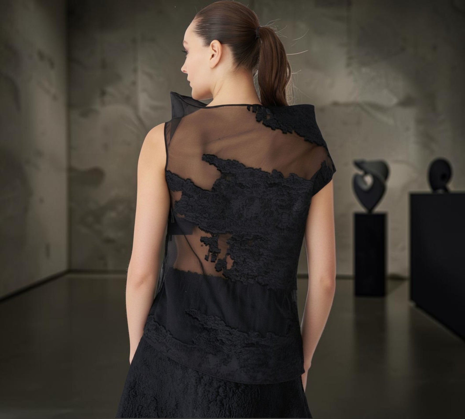 Black Sheer Mesh & Lace Sculptural Blouse -  Above the Crowd Boutique